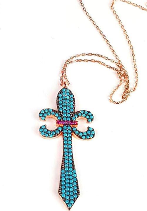 Turkuaz taşlı gümüş üzerine rose altın kaplama trend kolye 