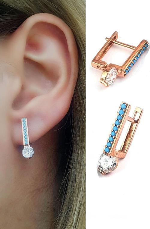 Turkuaz Taşlı Tek Taş Detaylı 925 ayar Gümüş Rose Küpe 