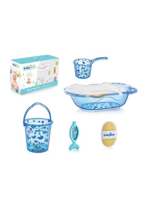 Mavi Termometreli Şeffaf Desenli Bebek Banyo Seti 6 Parça