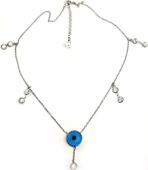 Nazar Boncuklu Zirkon Taş detaylı Gümüş Şans Kolyesi