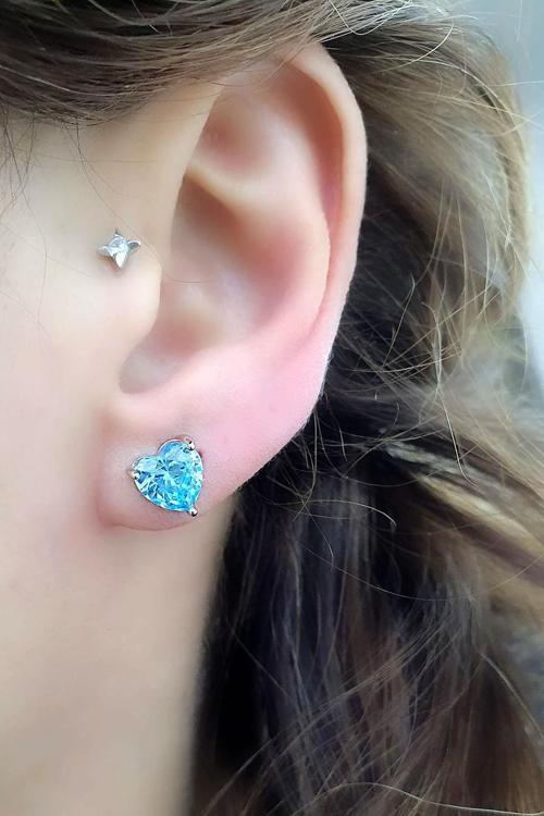 Sky Diamond Blue Aquamarin 925 ayar Gümüş Kalp Küpe 