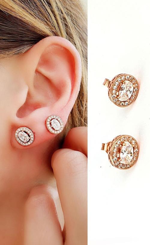 Swarovski Taşlı 925ayar Gümüş Üzerine Rose Altın Kaplama Oval Tek Taş Küpe 