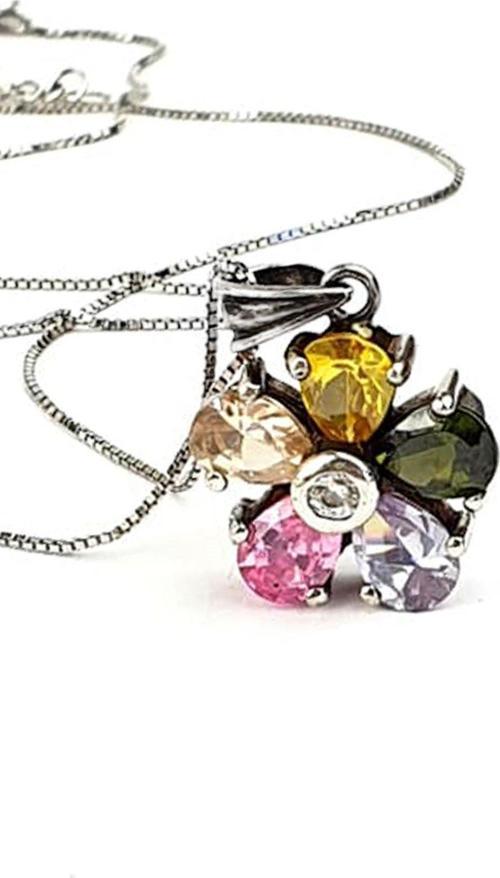 Renkli zirkon taşlı 925 ayar gümüş tasarım çiçek kolye