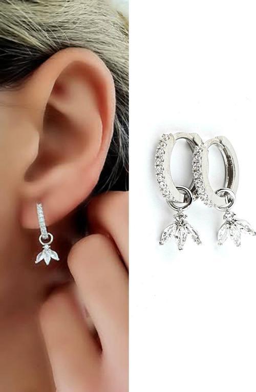 Zirkon Taş Detaylı 925ayar Gümüş Luxury Tasarım Lotus Sallantili Küpe çap 1cm