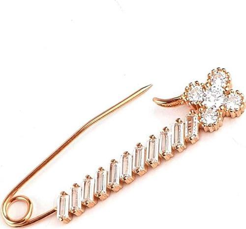 Zirkon Taş Detaylı 925ayar Gümüş Üzerine Rose Altın Kaplama Çengelli İğne Yaka İğnesi Broş