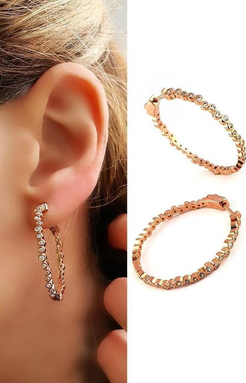 Zirkon Taş Detaylı 925ayar Gümüş Üzerine Rose Altın Kaplama Trend Halka Küpe