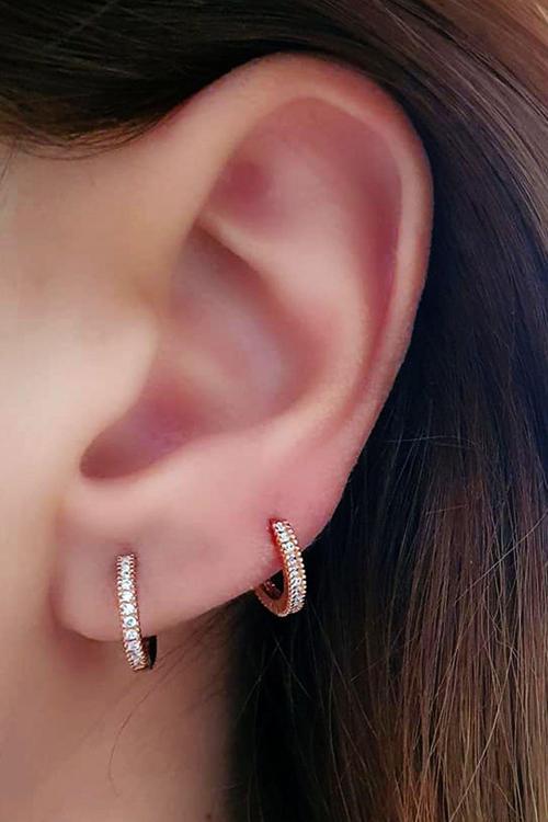 Tek sıra zirkon tasli gümüş rose minimal halka cift kupe 