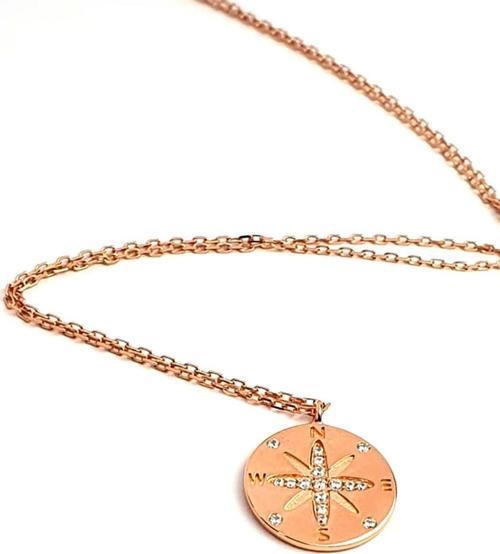 Zirkon taş detaylı gümüş rose altın kaplama italyan tasarımı pusula kolye