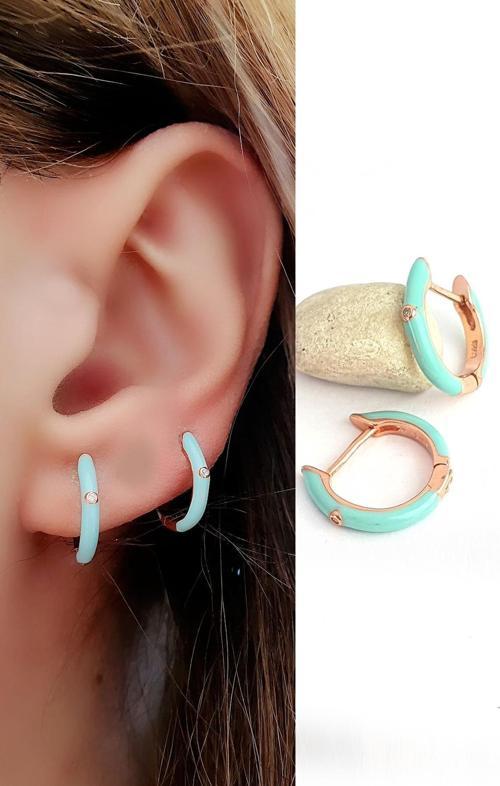 Zirkon Taş Detaylı Mavi Mine İşçiliği 925ayar Gümüş Üzerine Rose Altın Kaplama Trend Halka Küpe