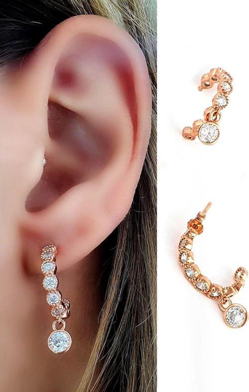Zirkon Taş Detaylı 925ayar Gümüş Rose Yarım Halka küpe
