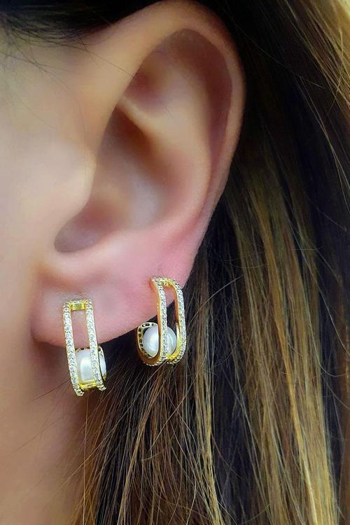 Zirkon Taş Detaylı 925ayar Gümüş Tasarım İtalyan inci küpe