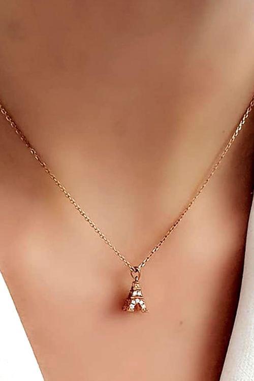 Zirkon taşlı 925ayar gümüş rose eyfel kulesi minimal kolye 1cm 