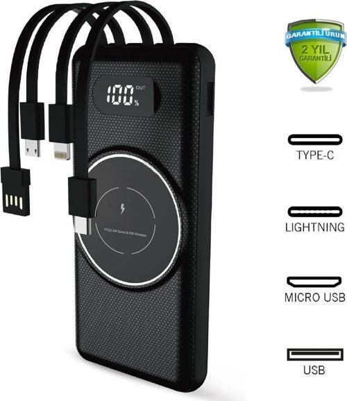 10000 Mah Kablosuz Powerbank Dahili Kablolu Powerbank Pd 22,5W Powerbank Hızlı Şarj Cihazı