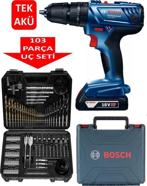 Darbeli Matkap Şarjlı Matkap (Tek Akülü) Akülü Vidalama + Bosch 103 Parça Delme + Vidalama Ucu