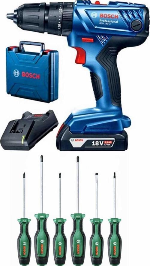 Gsb 180 Li Darbeli Tek Batarya Şarjlı Matkap Vidalama Ve Bosch 6 Lı Tornavida Seti Hediye