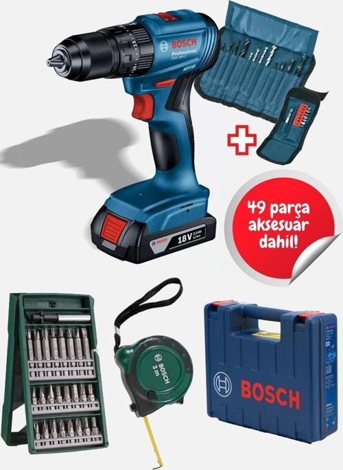 Gsb 185-Li Tek Akülü Kömürsüz Darbeli Matkap Vidalama Şarjlı Matkap + 49 Parça Uç Aksesuar Seti