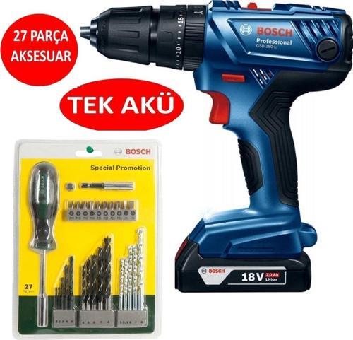 Tek Akülü Darbeli Matkap 18V Akülü Vidalama Şarjlı Matkap + 27 Parça Matkap Ucu Vidalama Ucu