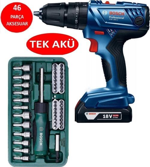 Tek Akülü Darbeli Matkap 18V Akülü Vidalama Şarjlı Matkap + 46 Parça Vidalama Ucu Tornavida