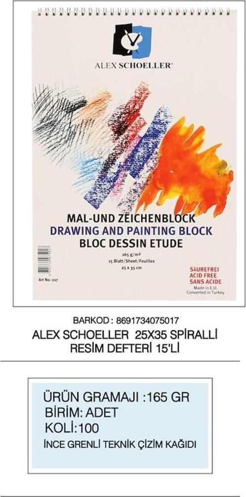 ALEX RESİM DEFTERİ 165GR 25x35 SPİRALLİ 15 YP 165.25