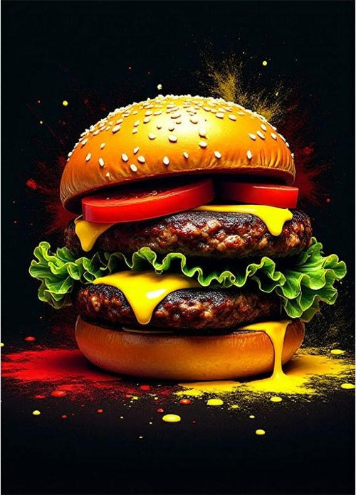 Lezzetli Hamburger Çizimi Model Ahşap Tablo