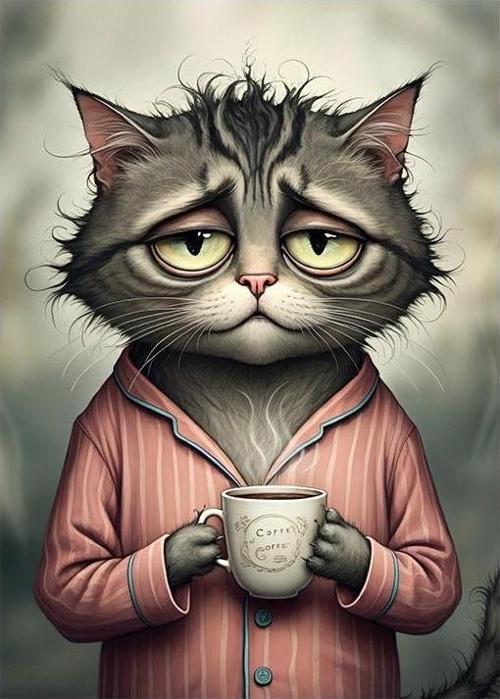 Çay İçen Kedi Portre Desenli Ahşap Tablo