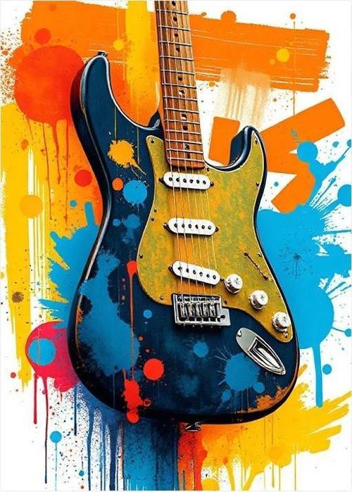 Mavi Elektro Gitar Desenli Ahşap Tablo