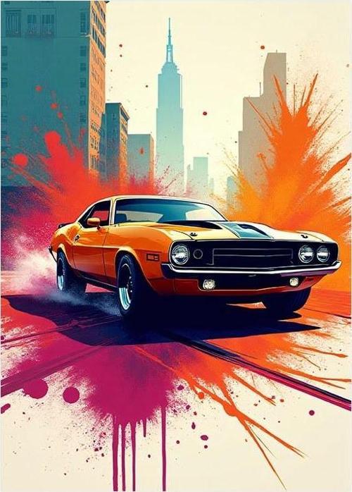 Şehir Ve Retro Spor Araba Dekoratif ahşap Tablo