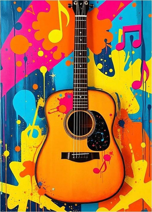 Renkli Gitar Tasarımı Dekoratif Mdf Tablo