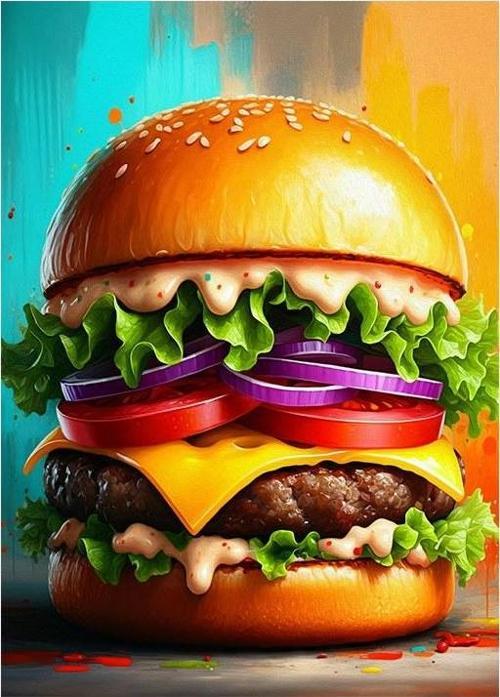 Lezzetli Hamburger Çizimi Tasarım Ahşap Tablo
