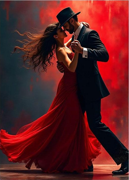 Kırmızı Elbiseli Dans Eden Çift Art Mdf Poster
