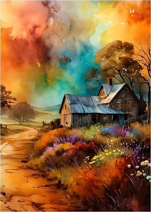Pastoral Manzara Ve Soyut Arka Plan Desenli Mdf Tablo