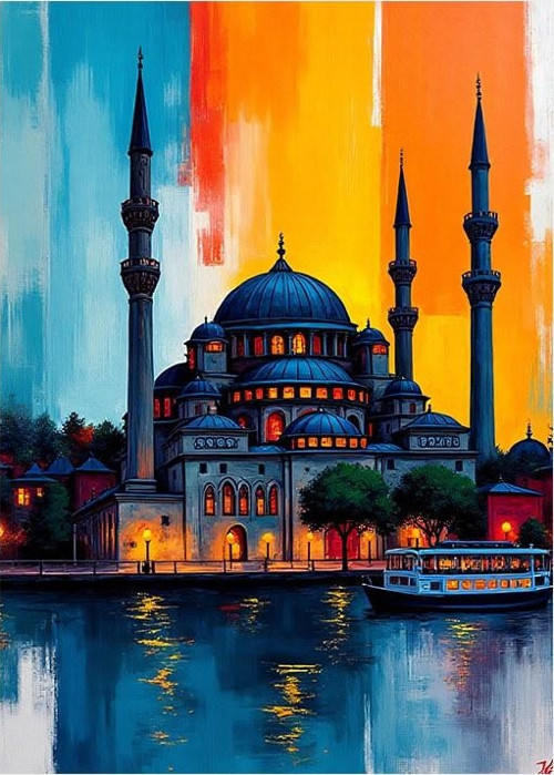 Mavi Cami Ve Gün Batımı Model Mdf tablo