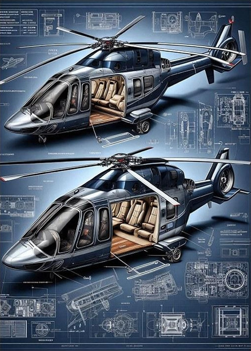 Çift Helikopter Teknik Çizimi Modern Mdf Tablo