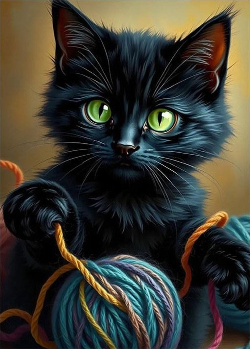 Yünle Oynayan Siyah Kedi Model Ahşap Tablo