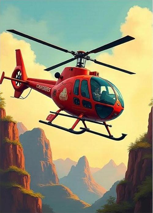 Kırmızı Helikopter Ve Manzara Art Mdf Poster