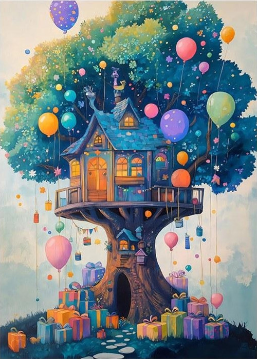 Renkli Balonlu Ağaç Evi Desenli Ahşap Tablo