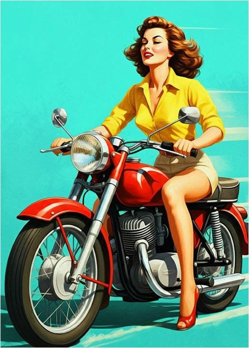 Kırmızı Motosiklet Süren Retro Kadın Desenli Ahşap Tablo