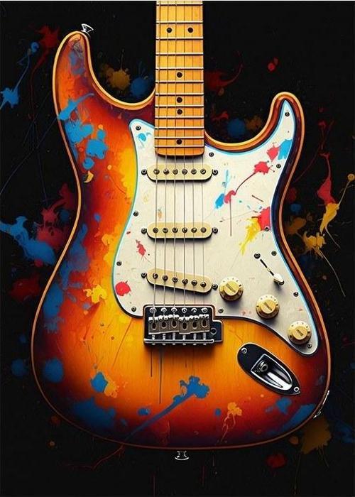 Turuncu Elektro Gitar Çizimi Hediyelik Mdf Tablo