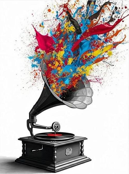 Patlayan Gramofon Çizimi Desenli Ahşap Tablo