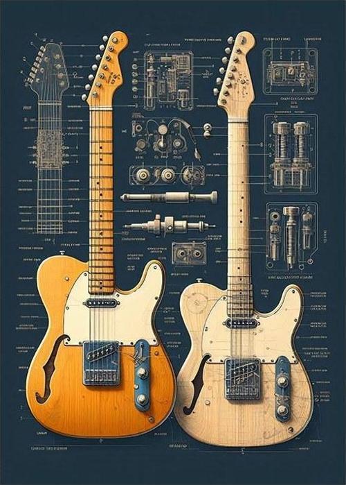 Müzikal Gitar Çizimleri Modern Ahşap Tablo