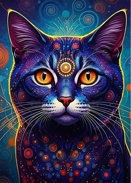 Renkli Gökyüzü Kedi İllüstrasyonu Modern Ahşap Tablo