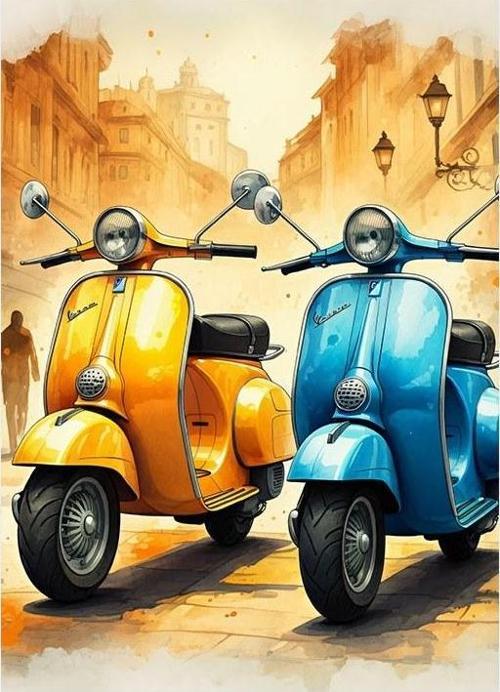 Renkli Retro Vespa Motosikletleri Dekoratif ahşap Tablo