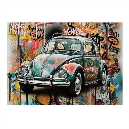 Vintage Vosvos Araba Desenli Ahşap Tablo 50cmX 70cm