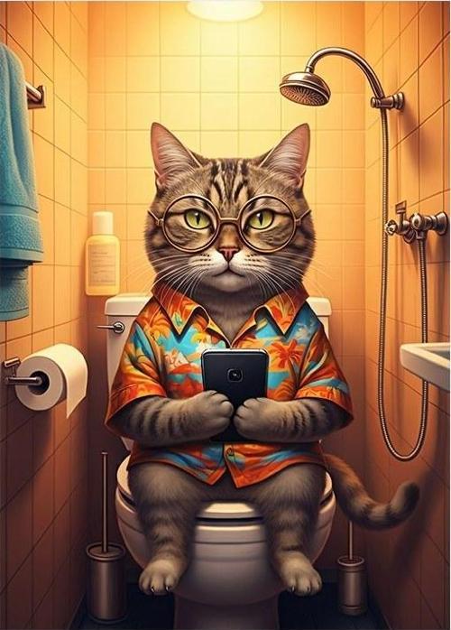 Tuvalette Gözlüklü Kedi Tasarım Ahşap Tablo