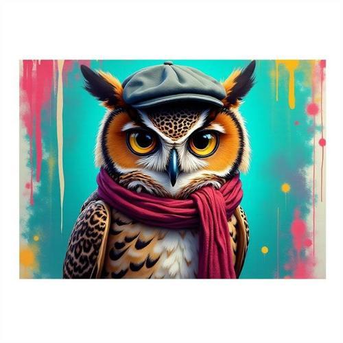 Atkılı Baykuş Çizimi Dekoratif ahşap Tablo 25cmX 35cm
