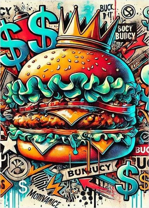 Renkli Fast Food Burger Çizimi Mdf Tablo