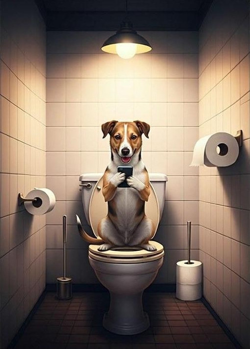 Tuvalette Fikir Üreten Köpek Desenli Ahşap Tablo