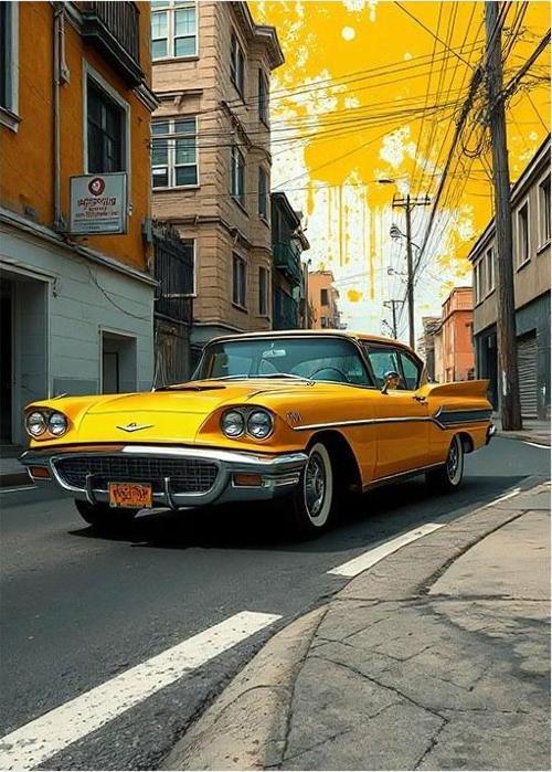 Altın Cadillac Sokakta Hediyelik Mdf Tablo