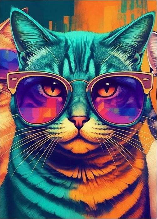 Gözlüklü Renkli Kedi Tasarım Ahşap Tablo