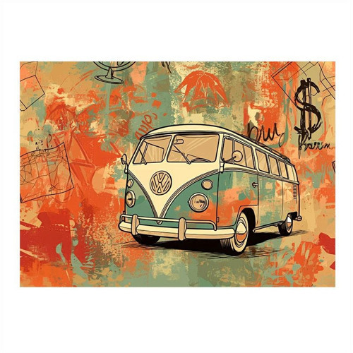 Çizgili Nostaljik Minibüs Tasarım Ahşap Tablo 35cm X50cm